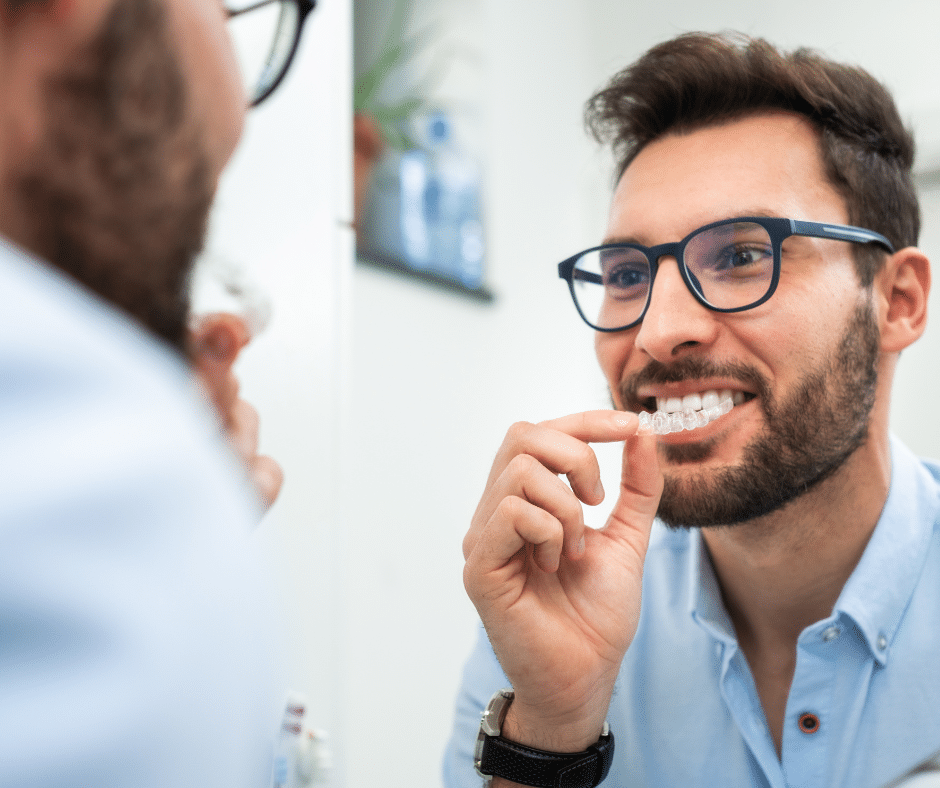 Smiling man with a beard and glasses looking in a mirror while holding up a clear teeth aligner to his mouth.